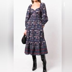 Sea New York Blue Floral Cotton Blend Midi Dress Size 8— Smocked Tiered Boho